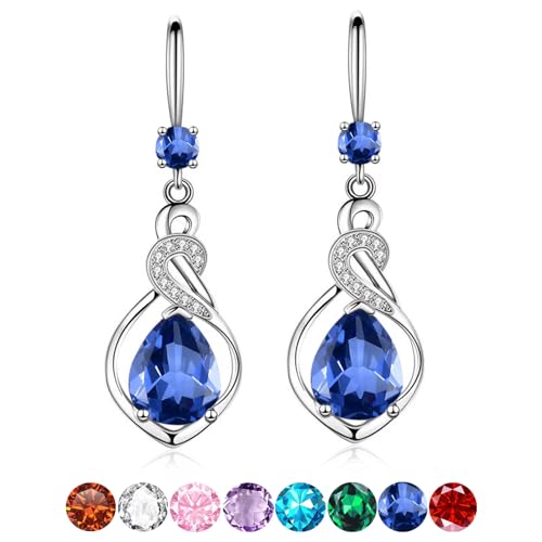Silver Drop Earrings for Women Hypoallergenic Sterling Silver Post Cubic Zirconia Dangly Earrings Twisted Linear Dark Blue Earring Jewellery Gifts for Her Birthday Anniversary Christmas