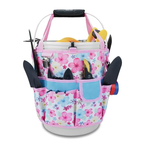 KUNN Gardening Gift for Women Men 5 Gallon Bucket Tool Organizer with 18 Pockets, Heavy-Duty Bucket Buddy Caddy Bag, Garden Tools Organizer Storage with Comfort Grip Handle Pad Attachment,Pink