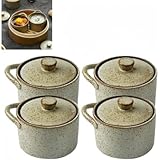olkljdg蒸し碗 茶碗蒸し器 蓋付き 北欧風 おしゃれ 陶器 スープ茶碗・デザート茶碗蒸し両用 和食器 旅館・飲食店業務用 うつわ食器 蒸し器付きちゃわんむし器 (太陶色,3.5インチ*4個)