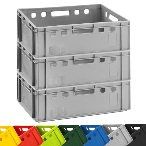 BURI 3x Fleischkiste E2 Fleischerkiste Grau 60x40x20cm Metzgerkiste Lagerkisten Stapelkisten | Eurobox Made in Germany lebensmittelecht, robust, stapelbar