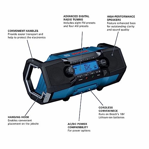 Image of BOSCH GPB18V-2CN 18V Cordless Jobsite Radio with Bluetooth 5.0 - Portable, Durable, Enhanced Bass, USB Charging, AUX Input (Battery Not Included)