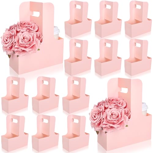 Whaline Mother's Day Light Pink Kraft Flower Gift Bags 20 Pcs Drink Carriers with Handle to 2 Cup Floral Wrap Packing Box Paper Holder Baskets for DIY Crafts Wedding Valentine's Day Birthday Party