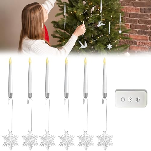 6PCS Christmas Tree Candles - LED Remote Control Flameless Taper Candles with Crystal Ball Hooks | 3 Lighting Modes | Battery Operated Christmas Decor, for Christmas Tree Home Party Decors(15cm) (A)