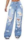 SHINFY Women's High Waisted Wide Leg Ripped Jeans Y2K Baggy Boyfriend Jeans Distressed Denim Pants Blue