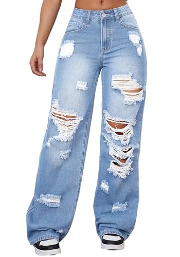 SHINFY Women's High Waisted Wide Leg Ripped Jeans Y2K Baggy Boyfriend Jeans Distressed Denim Pants Blue