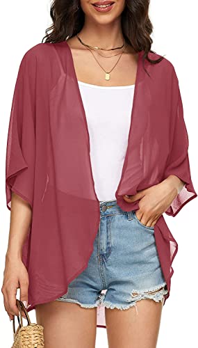 Image of Indian Trendy Women's Solid Puff Sleeve Kimono Cardigan Loose Cover Up Casual Blouse Top Chiffon