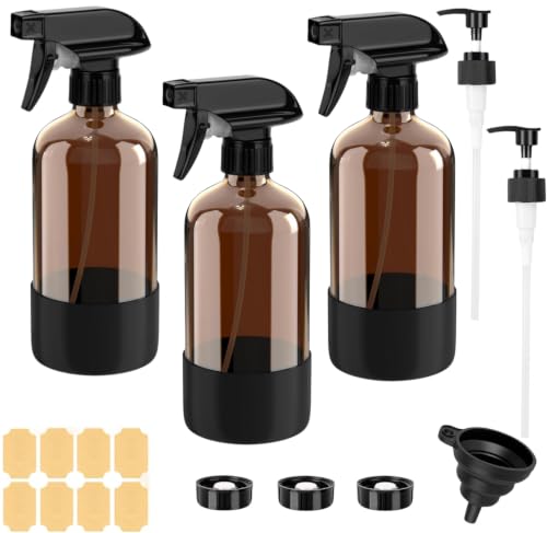 Amber Glass Spray Bottles 3 Pack 500ml Glass Spray Bottles Refillable Water Spray Bottle with Adjustable Nozzle for Cleaning Plants Essential Oils & Hair Care | UV Protection for Sensitive Liquids