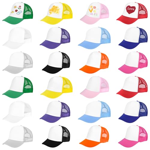 24 Pack Kids Trucker Hats, DIY Blank Sublimation Baseball Caps Adjustable Cool Summer Hats for Outdoor Sports Travel