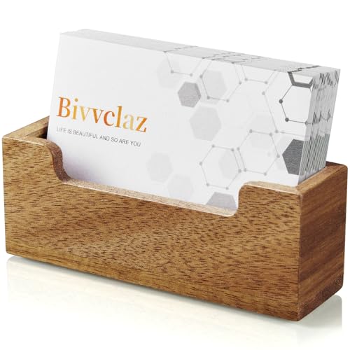 Bivvclaz Business Card Holder Desk, Acacia Wood Business Card Organizer Desktop Business Card...