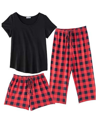 Image of Ekouaer 3 PCS Capri Pajamas for Women Set Short Sleeve Pajama Sets Floral Pj Sets Soft Sleepwear with Pockets Black and Red