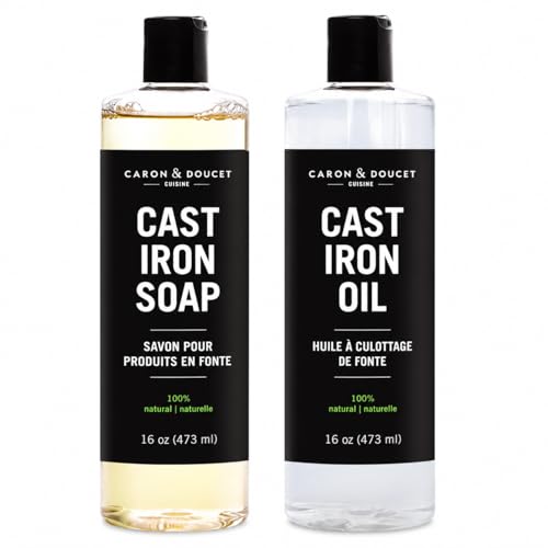 Image of CARON & DOUCET - Cast Iron Cleaning & Conditioning Set PLUS: Seasoning Oil & Cleaning Soap | 100% Plant-Based | Best for Washing, Restoring & Seasoning Cast Iron Skillets, Pans & Grills - 16oz Each