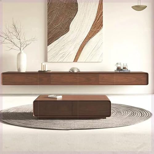 Brown Solid Wood Floating TV Stand - 4 Drawer, Modern Entertainment Media Console Center, Large Storage for Living Room and Bedroom