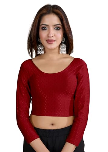 Image of TRENDMALLS Women's Dobby Pure Cotton Elastin Stretchable Readymade Round Neck Full Length Sleeves Blouse Choli Stylish Saree Blouse Ready to Wear