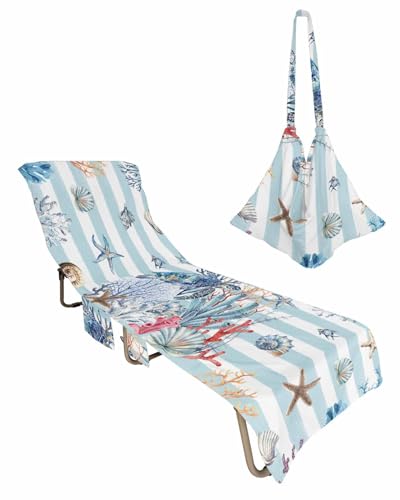 Coastal Turtle Beach Chair Cover with Side Pockets,Microfiber & Quick Dry Pool Chaise Lounge Chair Towels Covers for Sun Sunbathing Patio Garden Hotel,Nautical Striped Coral Starfish Shell Conch Blue