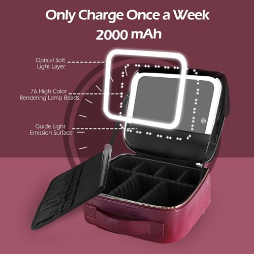 Image of MOMIRA Travel Makeup Bag Cosmetic Bag Makeup Organizer Bag with Lighted Mirror, Adjustable Brightness in 3 Color Scenarios, Waterproof Makeup Train Case, Gift for Women - Wine Red(Woven)