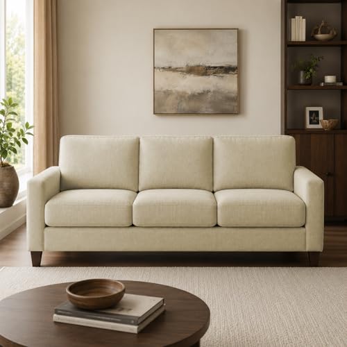 Image of Casaliving Gladino Modern Velvet Fabric Sofa, Tufted Design Upholstered 3 Seater Sofa Set for Living Room, Premium Velvet Fabric Sofa (Cream)