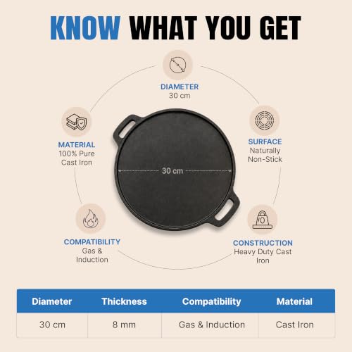 Image of DOCAT Cast Iron Dosa Tawa 30 cm | Pre-Seasoned Iron Tawa for Dosa, Roti, Chapati & Paratha | 8 mm Heavy Duty, Gas, Induction, Electric & OTG Friendly | 100% Pure & Toxin-Free, No Chemical Coating