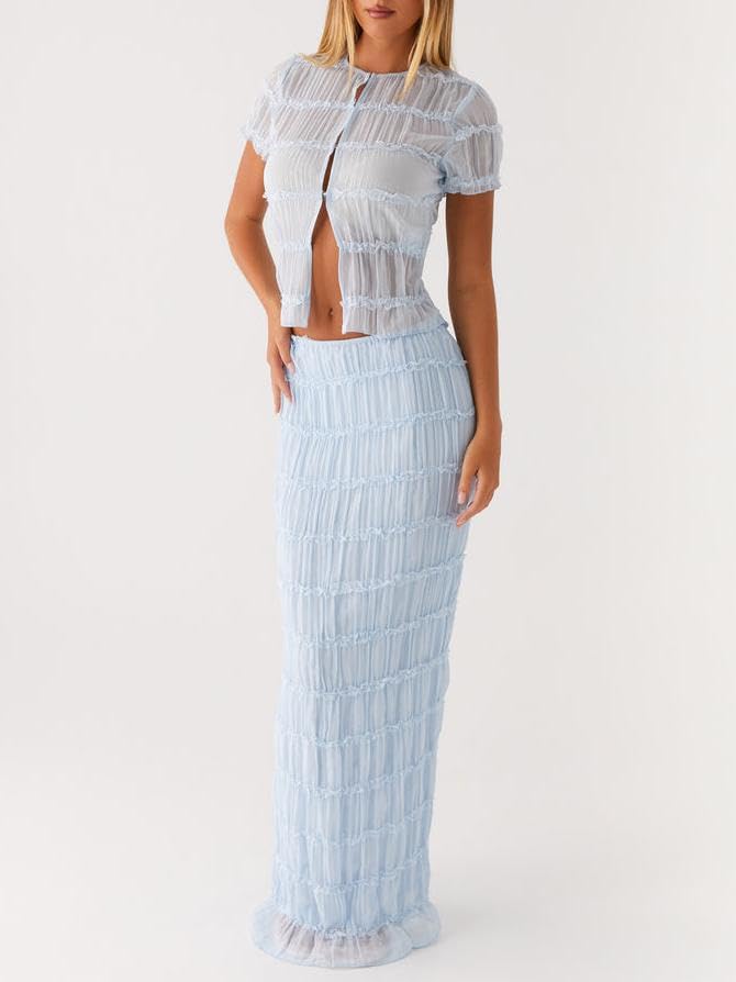 Women Y2k 2 Piece Maxi Skirt Set Ruched Short Sleeve Crop Top Flowy Ruffle Long Skirt Outfits Streetwear2