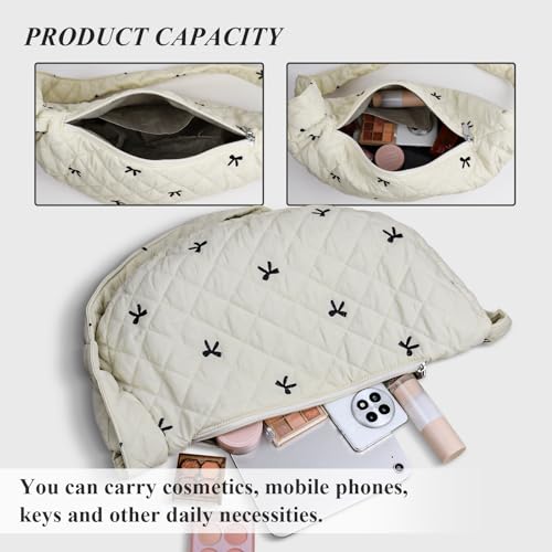 Bow Embroidered Sling Bag, Crossbody Bags for Women with Pocket & Zipper, Puffer Tote Bag with Shoulder Strap4