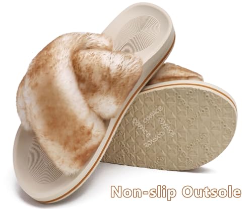 Image of COFACE Womens Fuzzy Slides Fluff Faux Fur Cross Slippers Open Toe Yoga Mat House Slipper Sandals With Arch Support For Indoor /Outdoor