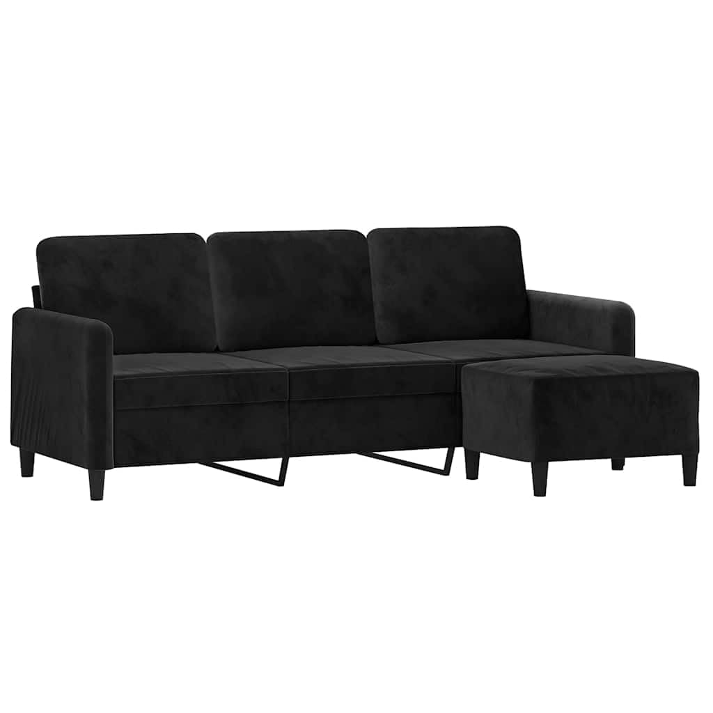 Sofa 3-osobowa z taboretem, czarny aksamit, 198 x 77 x 80 cm, tapicerka do salonu, z wygodną tapicerką, podłokietnikami i oparciem, wszechstronna otomana do biura i mieszkania