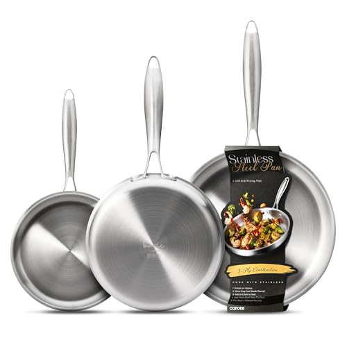 Image of CAROTE 3-Piece Tri-Ply Stainless Steel Frying Pan Set, Skillet Set 8 inch /10 inch /12 inch, Induction Compatible, Oven & Dishwasher Safe, Silver Handle