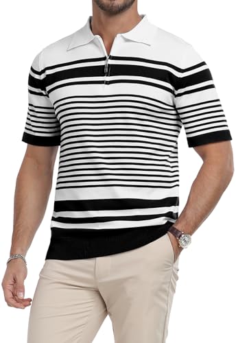 KUYIGO Men's Knit Collared Polo Shirts Short Sleeve Zipper Striped Tops Classic Fit Casual Soft T-Shirt
