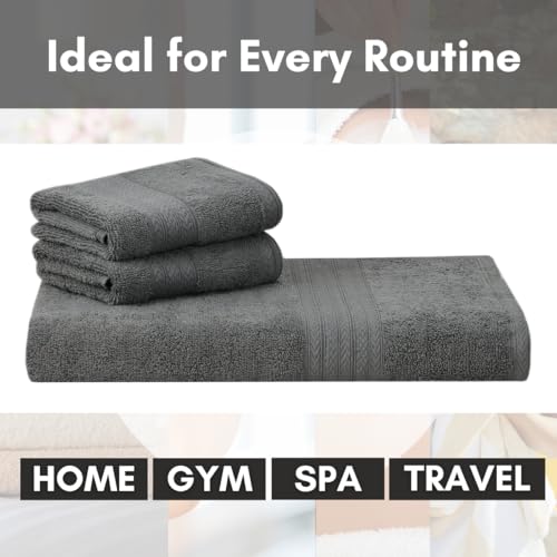 Image of Mafatlal Joy Cotton Bath Towel Set - 1 Large Towel + 2 Hand Towels | 58 x 29 inch + 24 x 12 inch | Soft & Highly Absorbent | 450 GSM | Titaan | Perfect for Men & Women