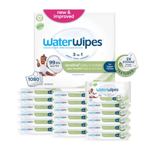WaterWipes Sensitive+ Baby & Toddler Wipes, 3-In-1 Cleans, Cares, Protects, 99.9% Water, Textured Clean, Unscented & Hypoallergenic, 1080 Count (18 Packs) - image 1