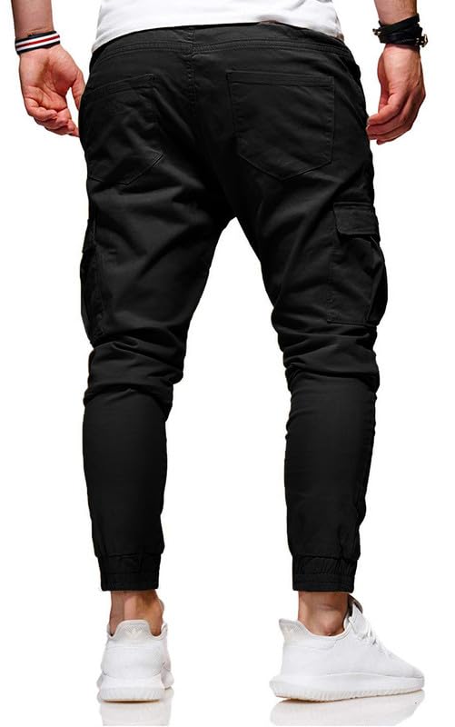 Men's Casual Pants - Cotton Chino Cargo Pants for Hiking and Outdoor Recreation, Drawstring Sweatpants in Twill Track Jogging(Black,36)