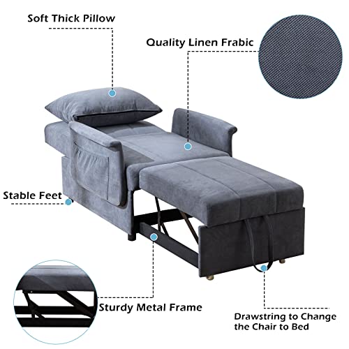Vuyuyu Sleeper Chair, 3 In 1 Convertible Chair Single Pull Out Sofa Bed, Adjustable Armchair With Lumbar Pillow, Big Side Pockets, Tufted Upholstered Linen Fabric (Gray) #TOP6