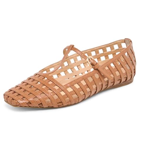 Women's Mesh Mary Jane T-Strap Woven Ballet Flats Shoes for Women with Buckle Strap Square Toe Ballerina Flat Shoes