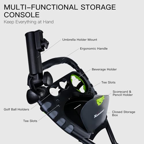 Image of XDriveMax GC03 360 Rotating 3 Wheel Foldable Golf Pull Cart for Golf Clubs,Carries Umbrella Stand and Premium Storage - Green Pack