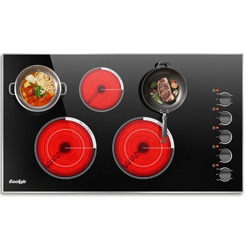 36 Inch Electric Cooktop - Built-in(34.25"x19.3") 5 Burner Electric Stove with 8400W High Power, 36" Large 5 Zones Radiant Ceramic Stove Knob Control, Residual Heat Indicator, 220V Hard Wired