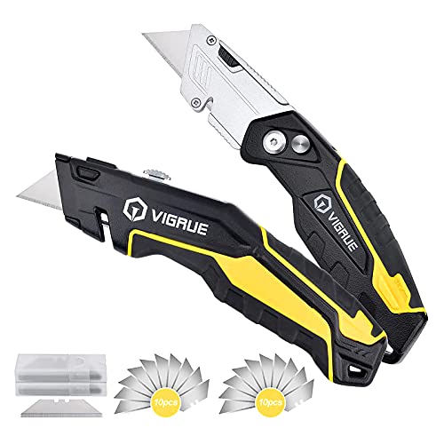 VIGRUE Utility Knife 2-Pack, Box Cutter Heavy Duty Retractable for Cartons Cardboard and Boxes with Blade Storage Design Extra 20 Blades Included - Yellow Utility Knives