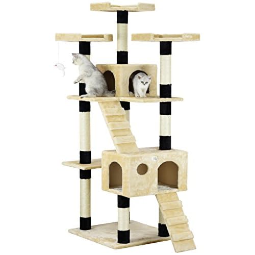 Go Pet Club 72″ Tall Extra Large Cat Tree Kitty Tower Condo Cat House for Large Indoor Cats Play Scratch Hide Climb Activity Furniture with Toy, Beige/Black