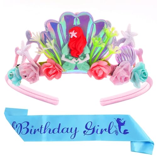 Birthday Crown for Girls, Birthday Headband for Girls, Birthday Tiara for Girls Birthday Decoration for Girls Crown with Mermaid Starfish for Girls Birthday Sash for Girls 2-8 Year Old Style B, Blue