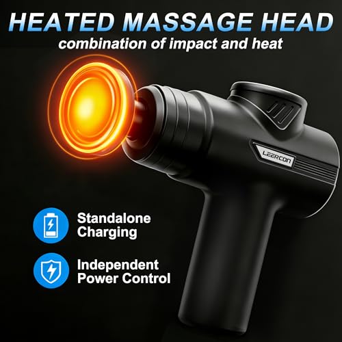 Image of LEERCON Massage Gun with Heat, Deep Tissue Back Massager Gun Gifts for Men | Mini Handheld Percussion Massage Gun with 5 Heads and 6 Speeds 104 - 122F, Ideal Gifts for Men Women Dad Mom Athletes, Black