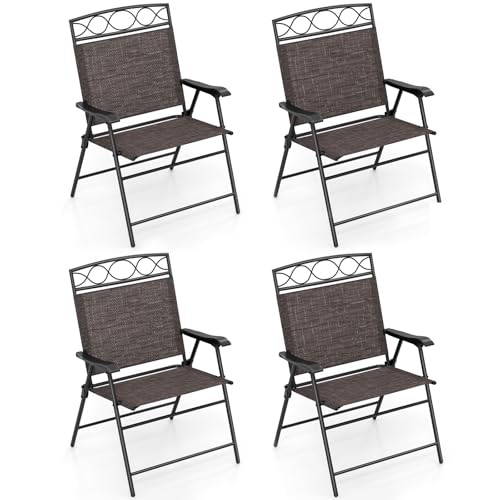 Image of Giantex Set of 4 Patio Folding Chairs, Outdoor Dining Chairs for Camping, Beach, Backyard, Deck, Portable Dining Chair w /Armrest and Metal Frame, 4-Pack (Dark Brown)