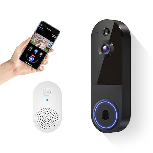 FineLuck Caméra de sonnette vidéo WiFi sans fil avec carillon, alimentée par piles, détection...