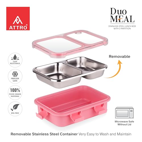 Image of ATTRO Duo Meal Stainless Steel Lunch Box with 2 Partition, Microwave Safe, Airtight Leakproof Silicone Seal Lid, BPA-Free Food Grade Tiffin Box for Office School Kids - 650ml - Pink