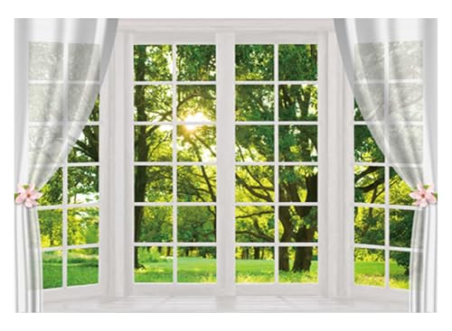 Allenjoy 7x5ft Spring Window Scenery Photography Backdrop White Windowsill Floral Green Forest Natural Photocall Background Party Banner Wall Decor Newborn Baby Kids Family Photo Shoot Booth Props