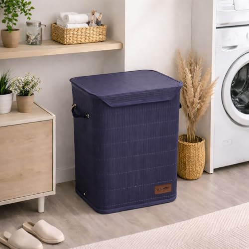 Image of Luxe Home Laundry Basket for Clothes, Premium Bamboo Big Storage Bag with Lid and Side Handle Multipurpose Used In Laundry Rooms, Bedrooms, Bathrooms (40x30x50 cm, Navy)