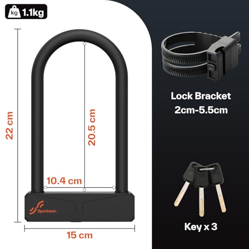 Sportneer Self-Locking Bike Lock: 16mm Heavy Duty Anti Theft U Lock 22cm x 15cm with Dust Cover, Drill Proof Bicycle Lock with 3 Keys & Mounting Bracket for Road Mountain Electric Bike by Sportneer - Image 2