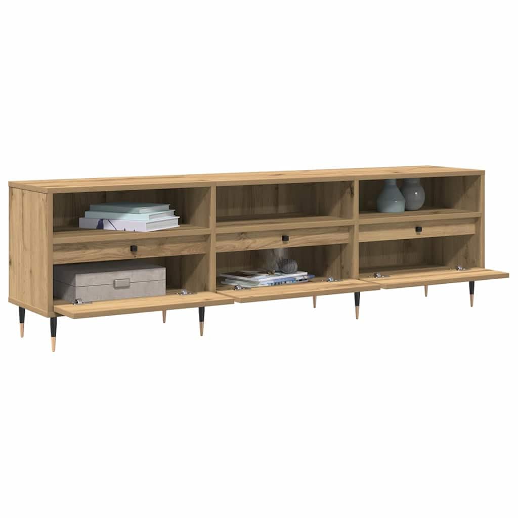 Szafka pod telewizor z dębu Artisan 150 x 30 x 45 cm, materiał drewnopochodny z 3 drzwiami i półkami, niska szafka do salonu, schowek HiFi, półka multimedialna, komoda z kanałem kablowym