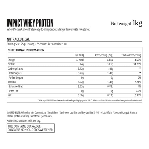Image of Myprotein Impact Whey Protein Powder 18.5 g Whey Protein Post-Workout Protein Build Lean Muscle Mango 2.2 lb 1 kg