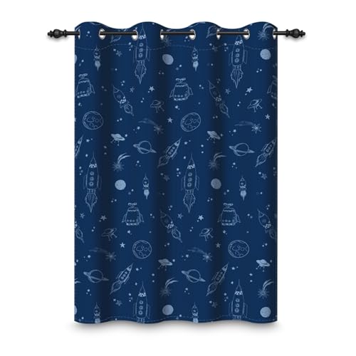 ggaimwf 107x160cm Dessin animé Espace Rideau à œillets pour Chambre de garçon Planète Bleu Marine Fusée Univers Rideaux occultants à œillets pour Salle...