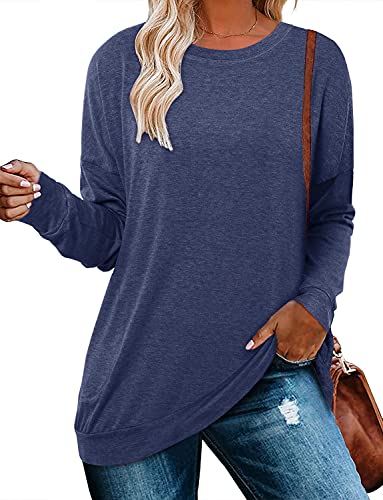 Magritta Long Sleeve Tunic Shirts for Women Oversized Stretchy Crew Neck Pockets Solid Color Shirt Pullover Fashion Sweatshirt Top Navy Blue X-Large