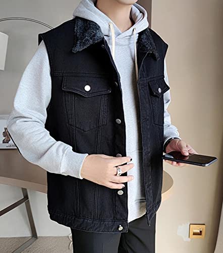 Image of Men`s Winter Sherpa Lined Denim Vest Fleece Sleeveless Jean Jacket Waistcoat
