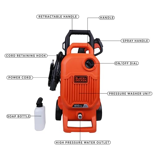 Image of Black + Decker Bepw1800T 1700W 1810 Psi 125 Bar Pressure Washer for Car, Bike, Home & Garden Cleaning Use with Multiple Accessories Included, 1 Year Warranty, Orange & Black